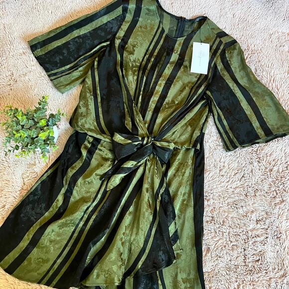 NWT Zara Woman Green & Black Stripe Print Faux Wrap Tie Front Dress - Small - Picture 8 of 15